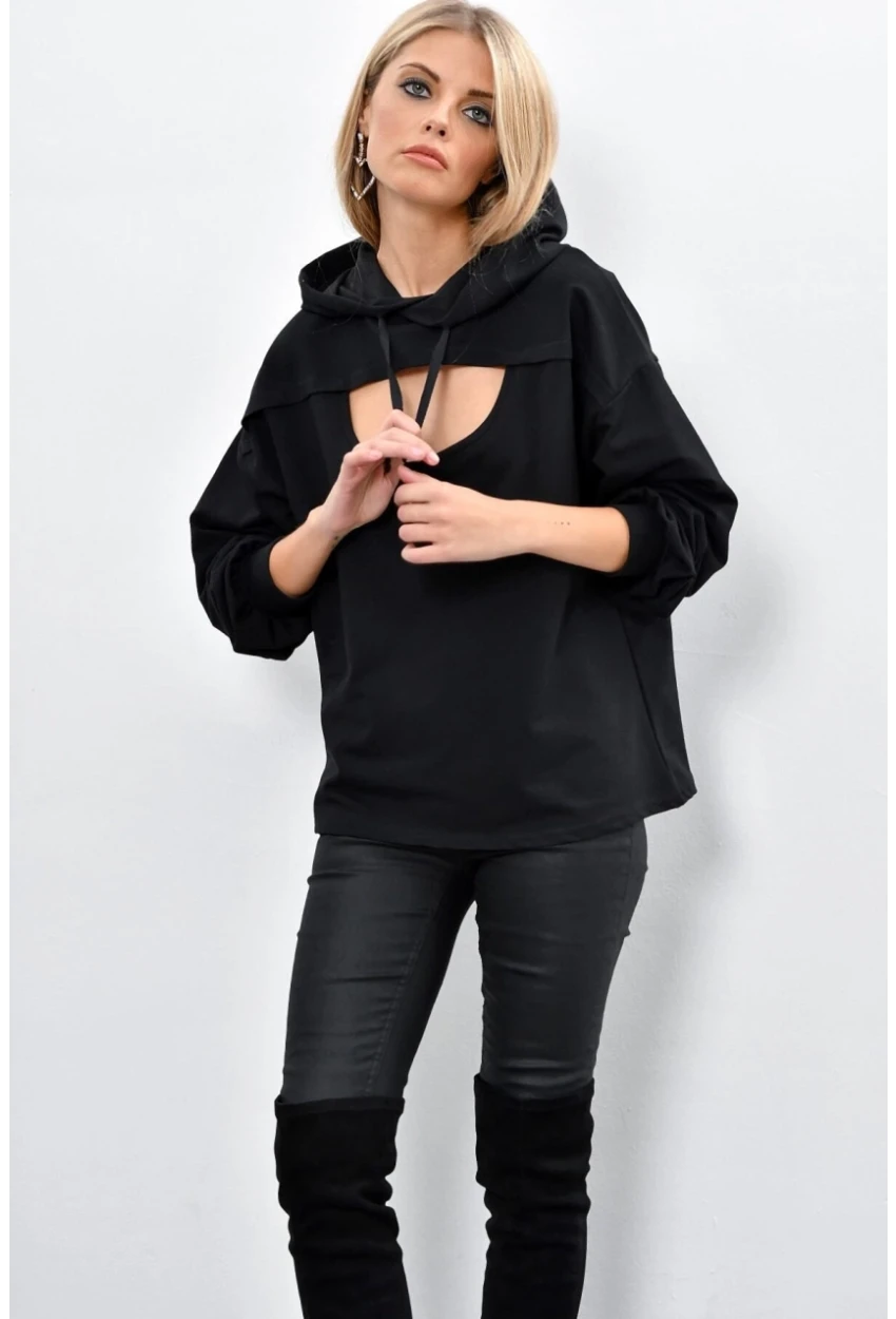 Kadın Siyah Önü Pencereli Kapüşonlu Sweatshirt Yİ1669