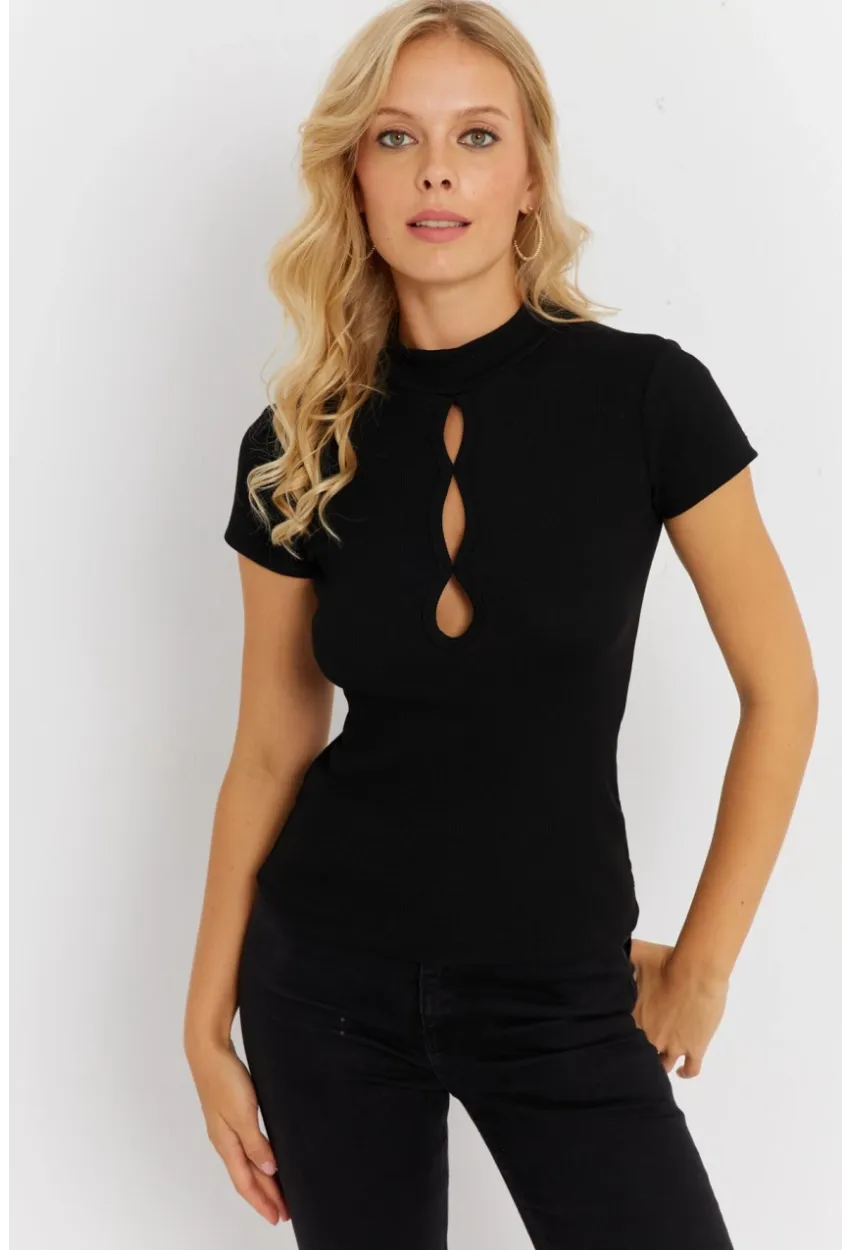 Kadın Siyah Önü Pencereli Kaşkorse Bluz EY2887