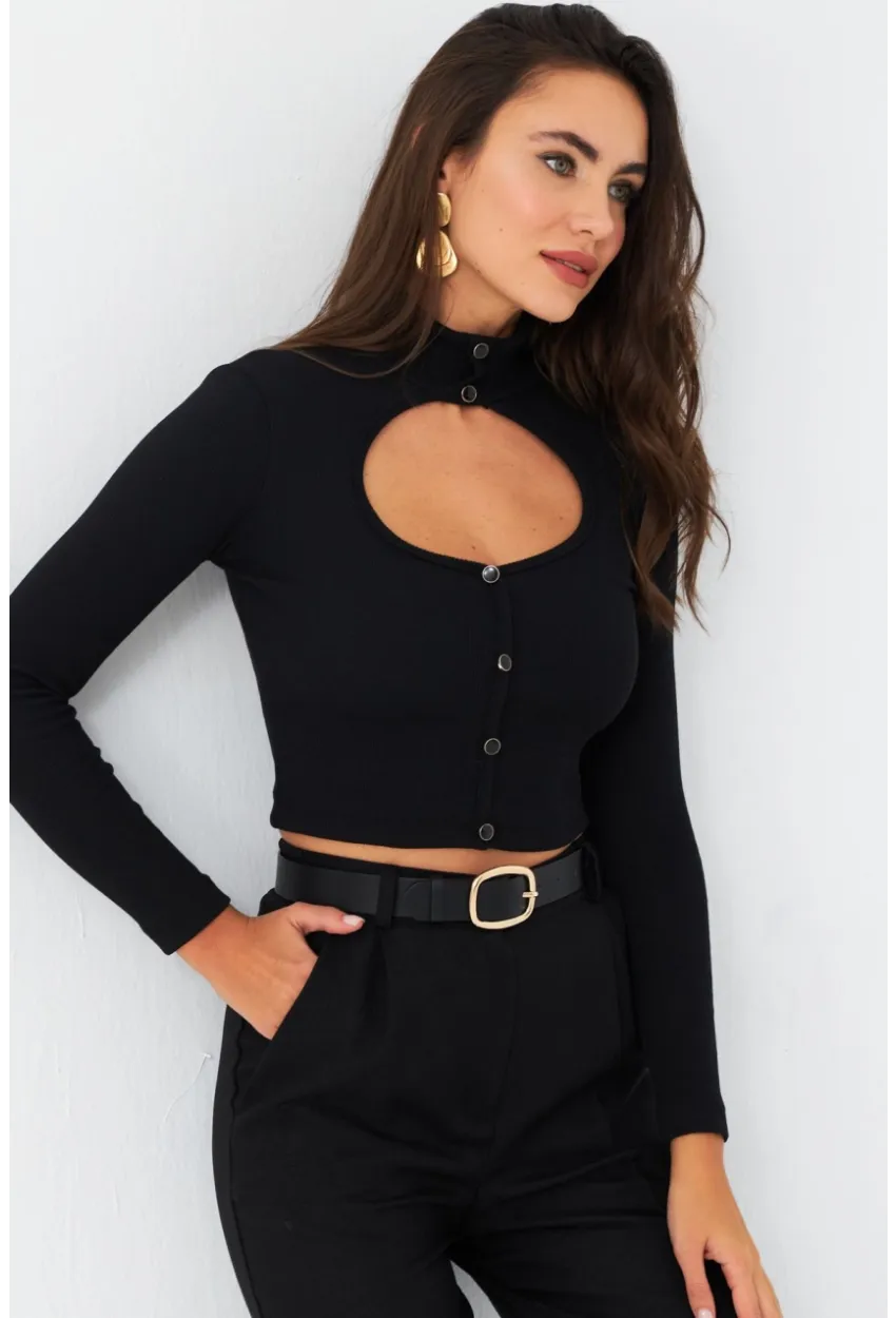 Kadın Siyah Önü Pencereli Kaşkorse Bluz EY2973