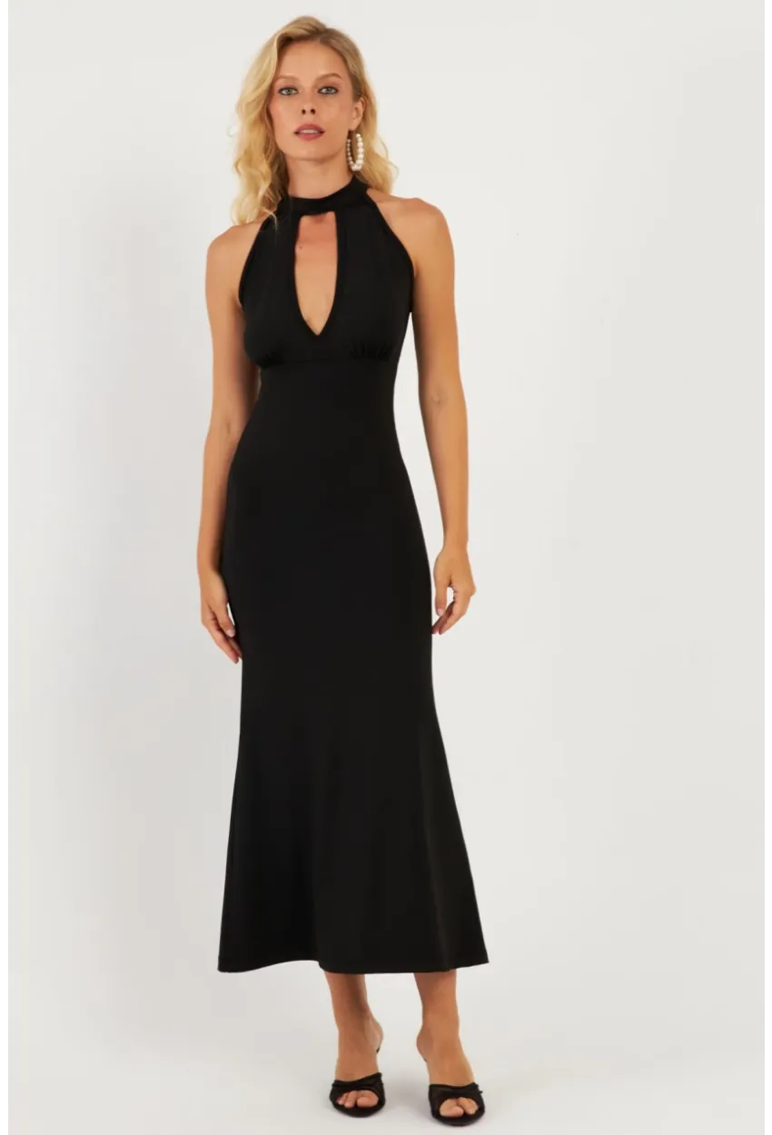 Kadın Siyah Önü Pencereli Midi Elbise EY2849