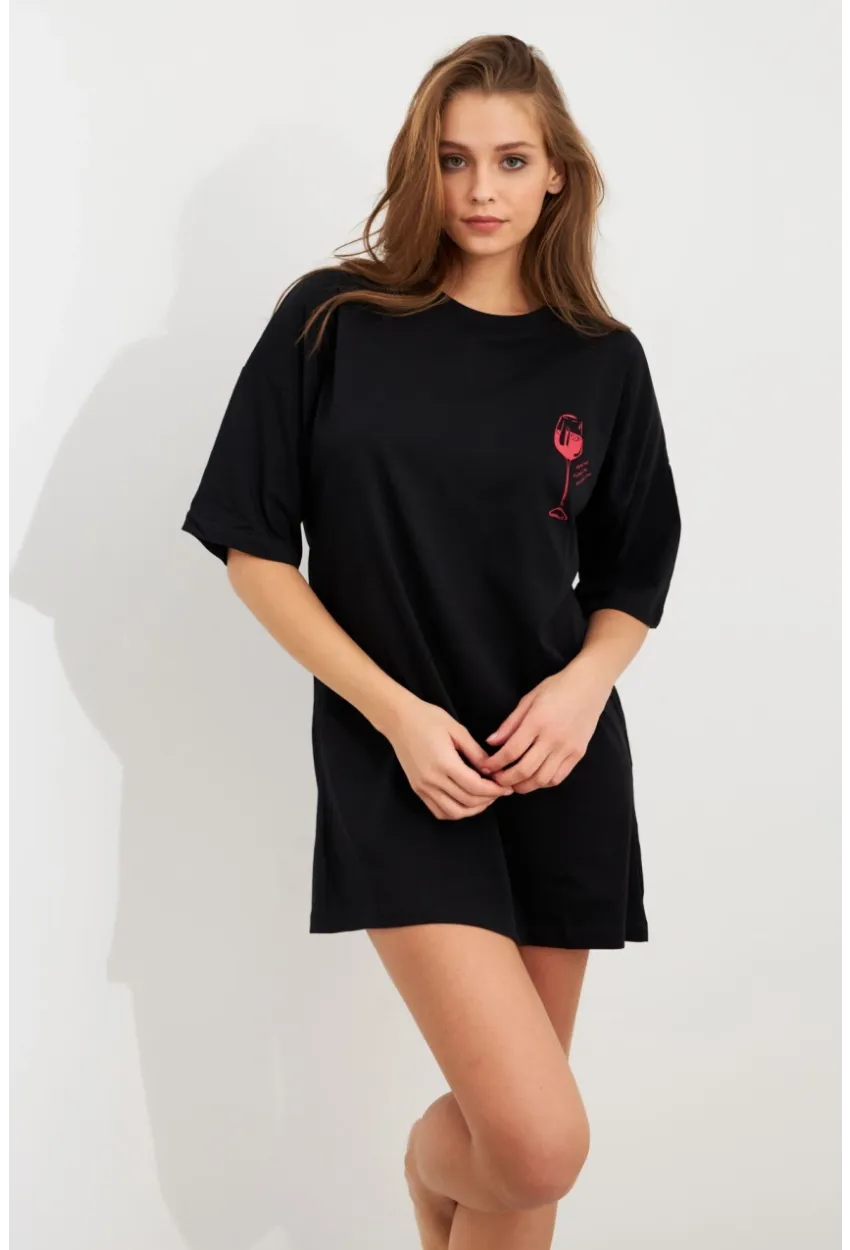 Kadın Siyah Oversize Pijama T-Shirt TPG14