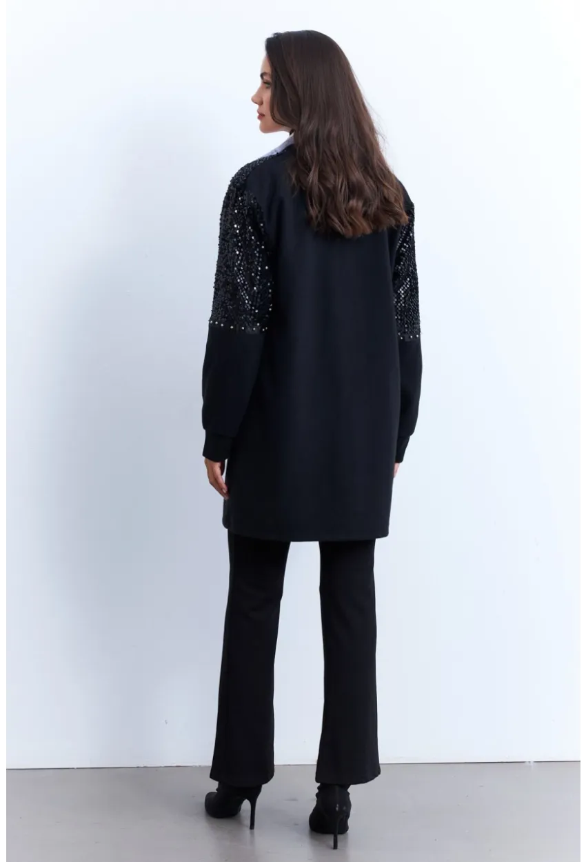 Kadın Siyah Payetli Cepli Zımbalı Hırka MPK810