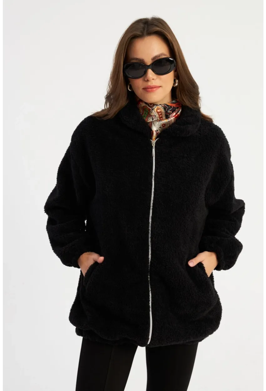 Kadın Siyah Peluş Mont MLYT58
