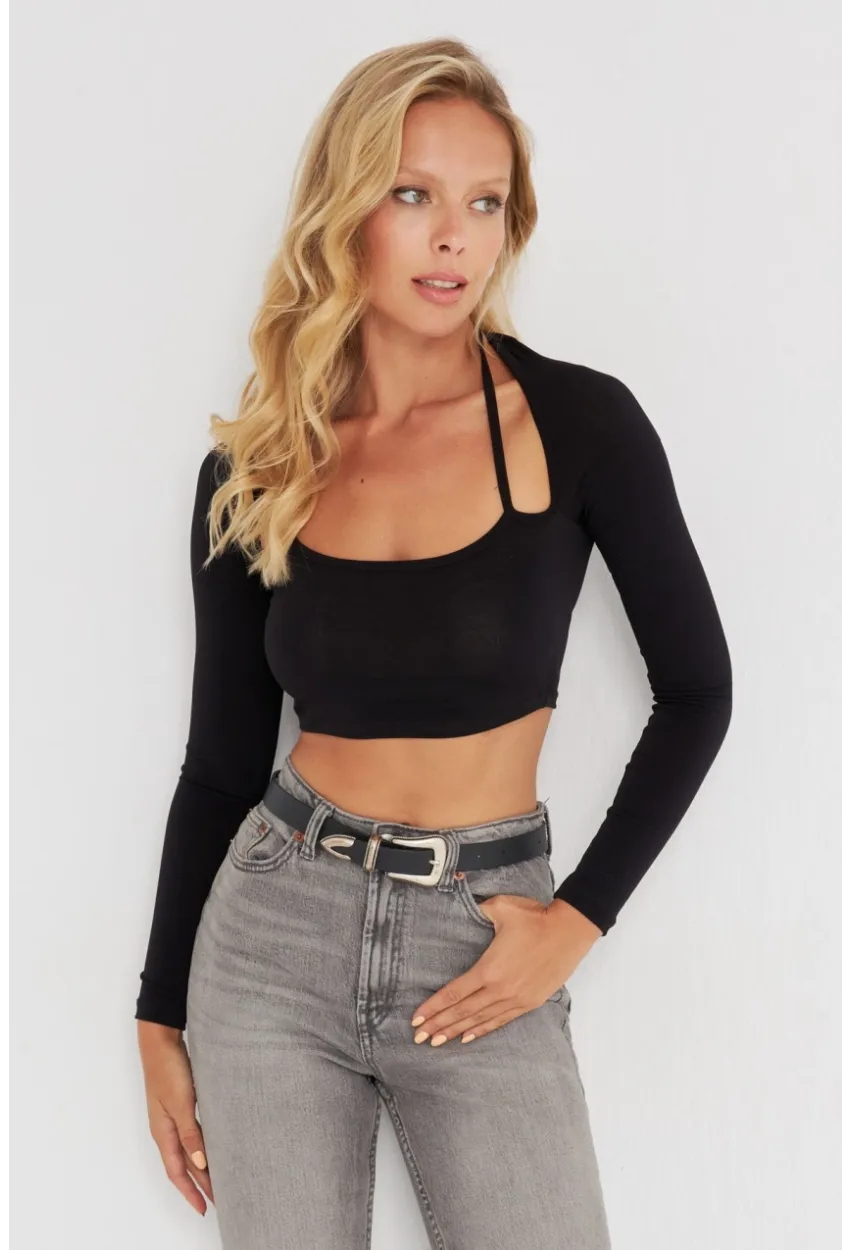Kadın Siyah Pencereli Crop Bluz B2946