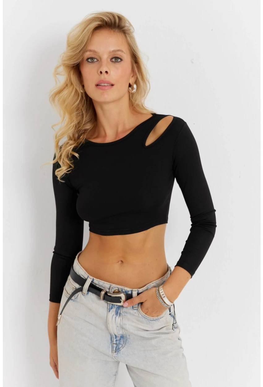 Kadın Siyah Pencereli Crop Bluz CG363