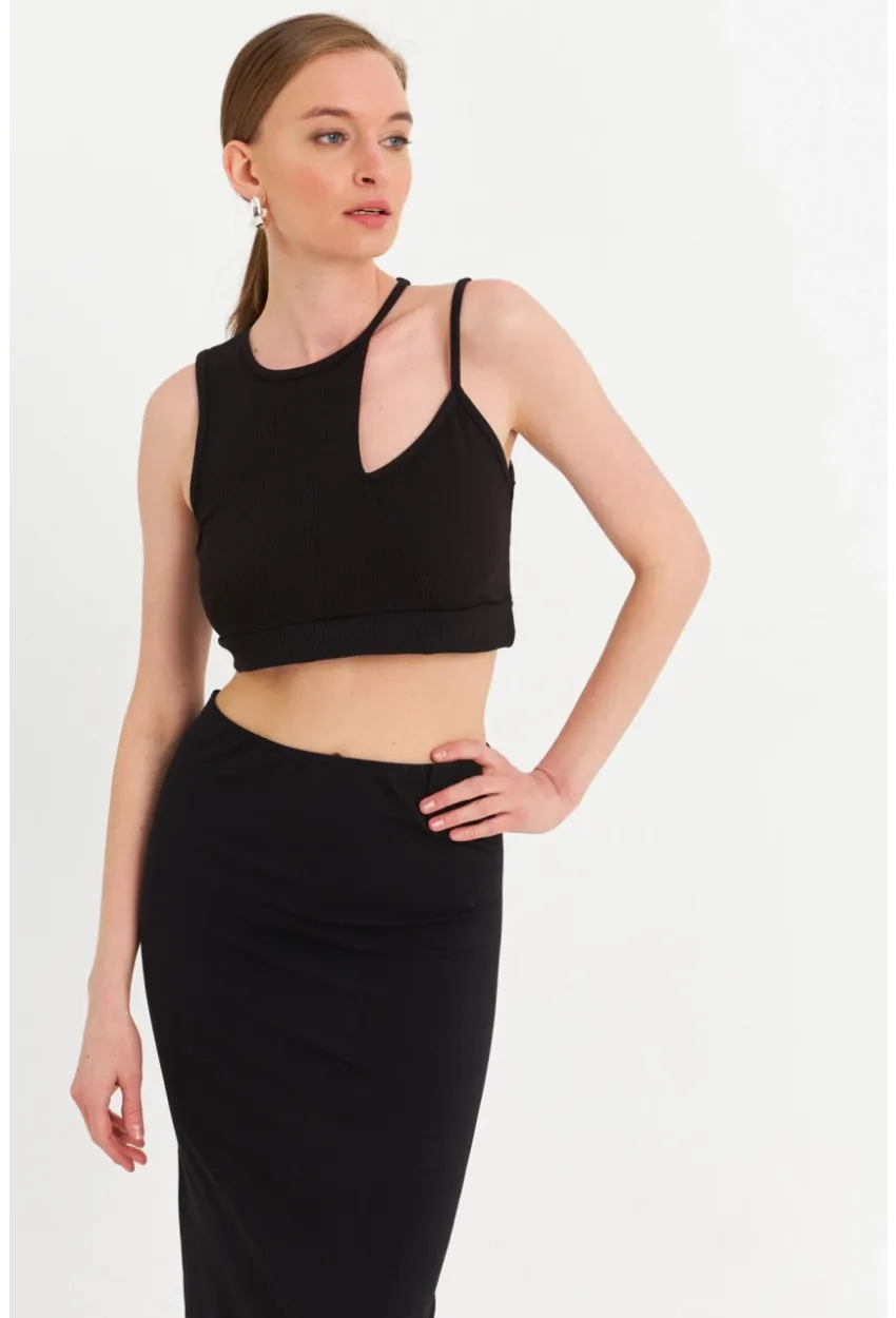 Kadın Siyah Pencereli Crop Bluz UR875