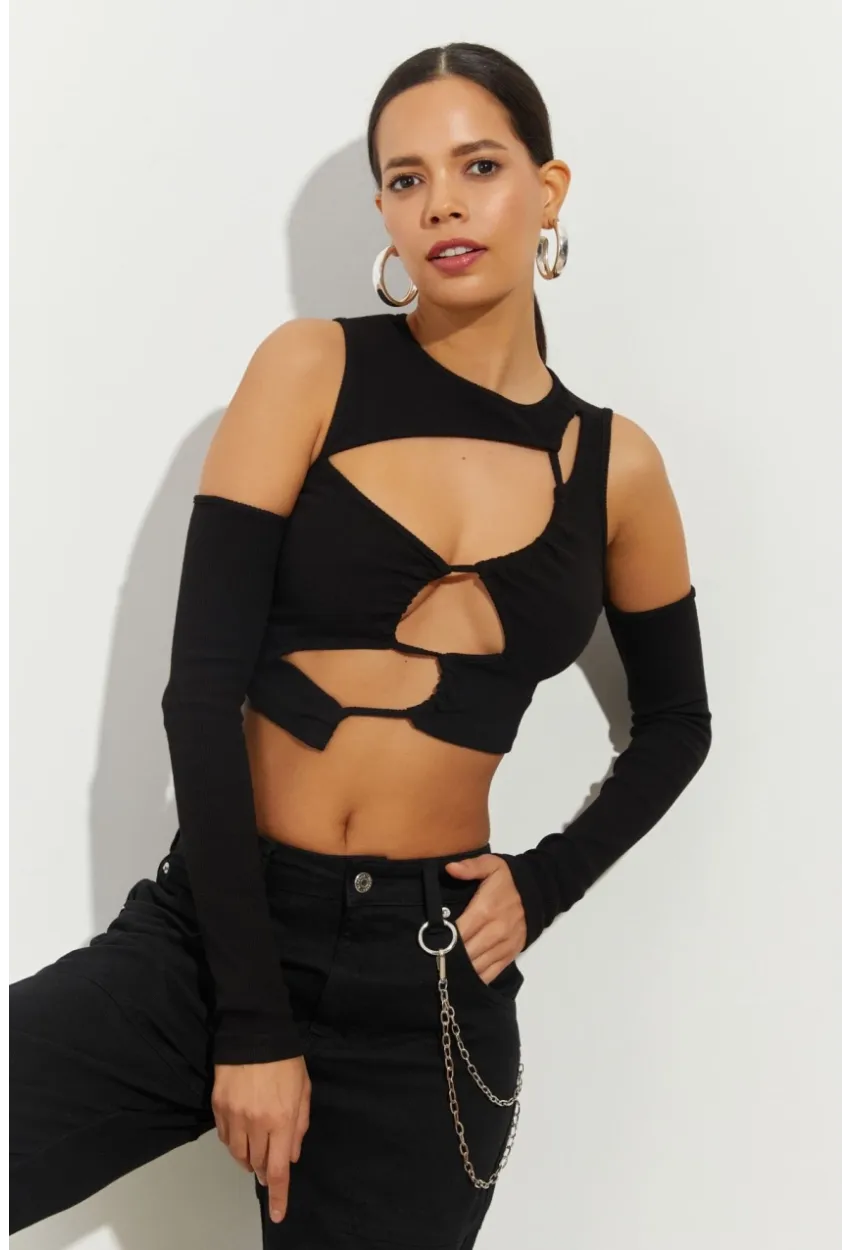 Kadın Siyah Pencereli Kaşkorse Crop Bluz B2403