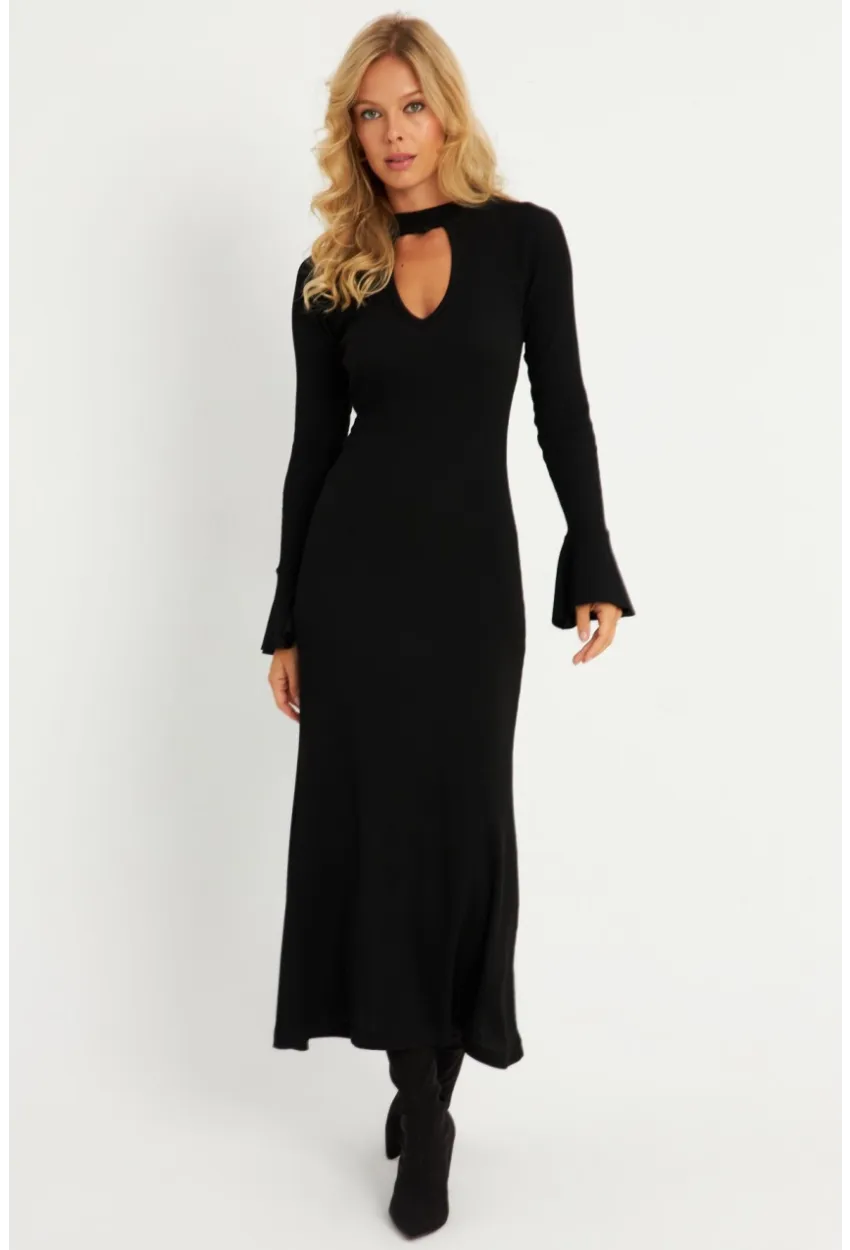 Kadın Siyah Pencereli Kaşkorse Midi Elbise EY2907