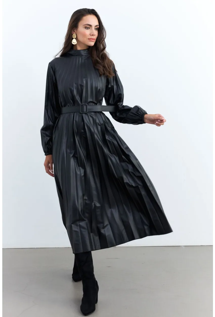 Kadın Siyah Pileli Kemerli Maxi Elbise MALZ99