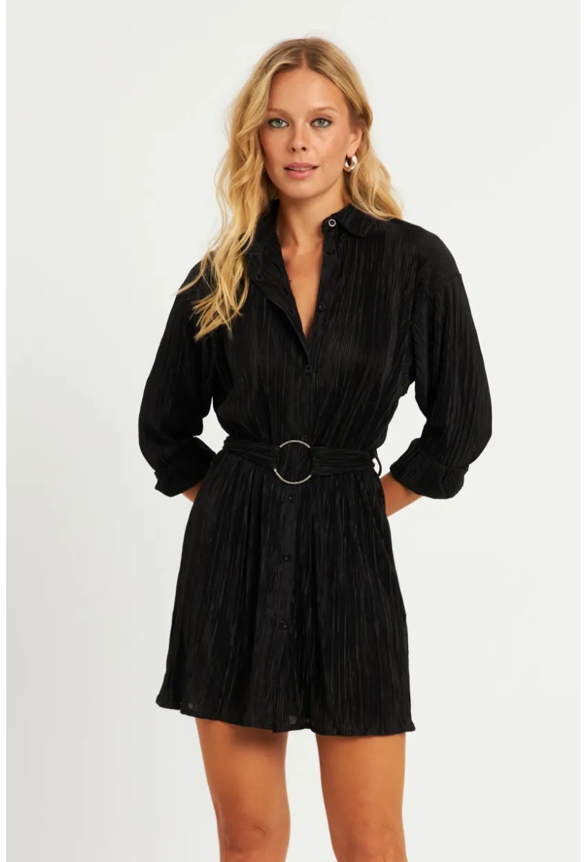 Kadın Siyah Piliseli Kemerli Mini Elbise TW70124-90