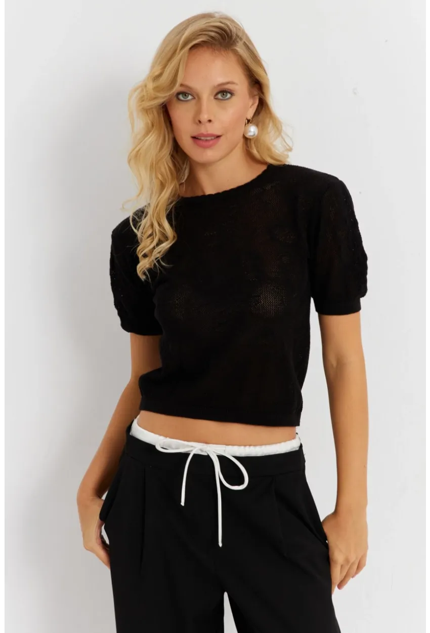 Kadın Siyah Pointelle Triko Bluz KZ3197