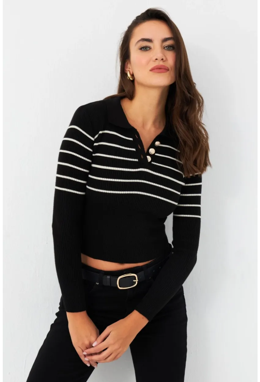 Kadın Siyah Polo Yaka Çizgili Triko Bluz MK65