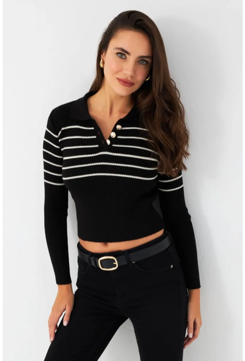 Kadın Siyah Polo Yaka Çizgili Triko Bluz MK65