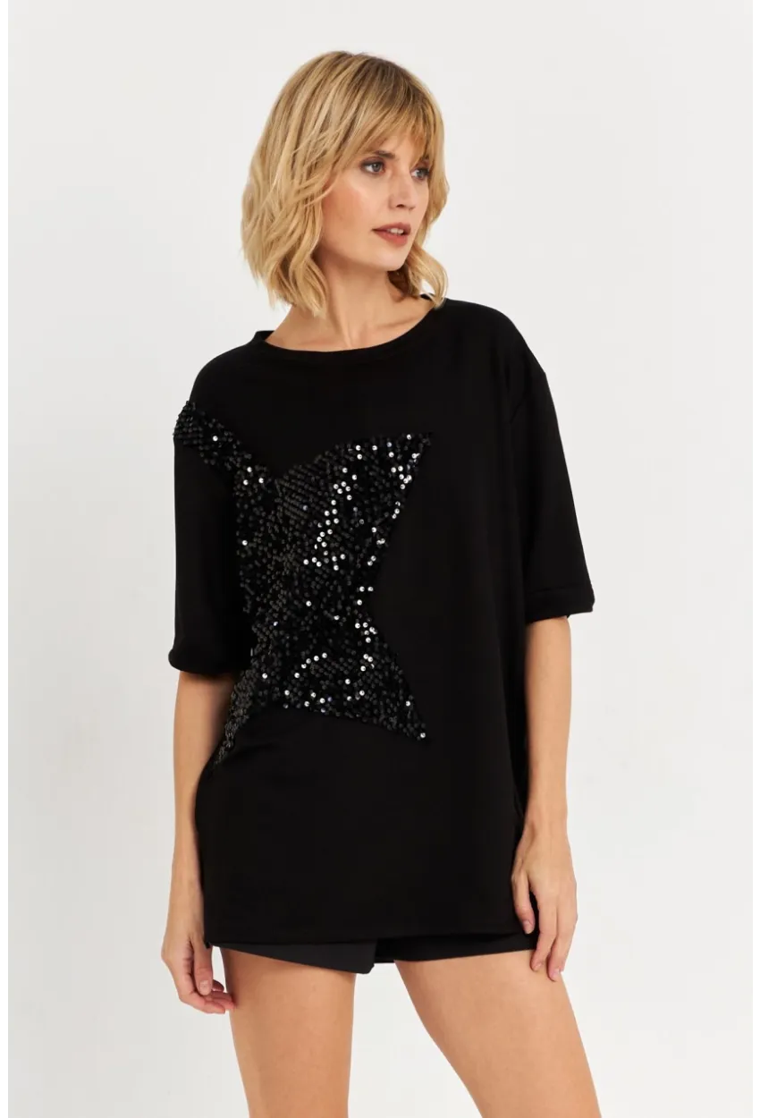 Kadın Siyah Pul Detaylı Tunik ST190