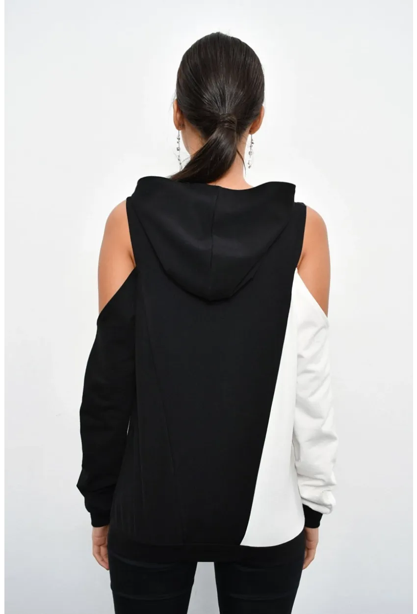 Kadın Siyah Renk Bloklu Omuzları Açık Sweatshirt B23