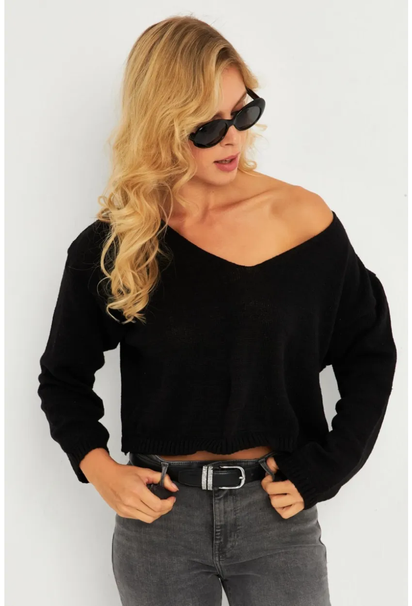 Kadın Siyah Salaş Kısa Triko Bluz YV281