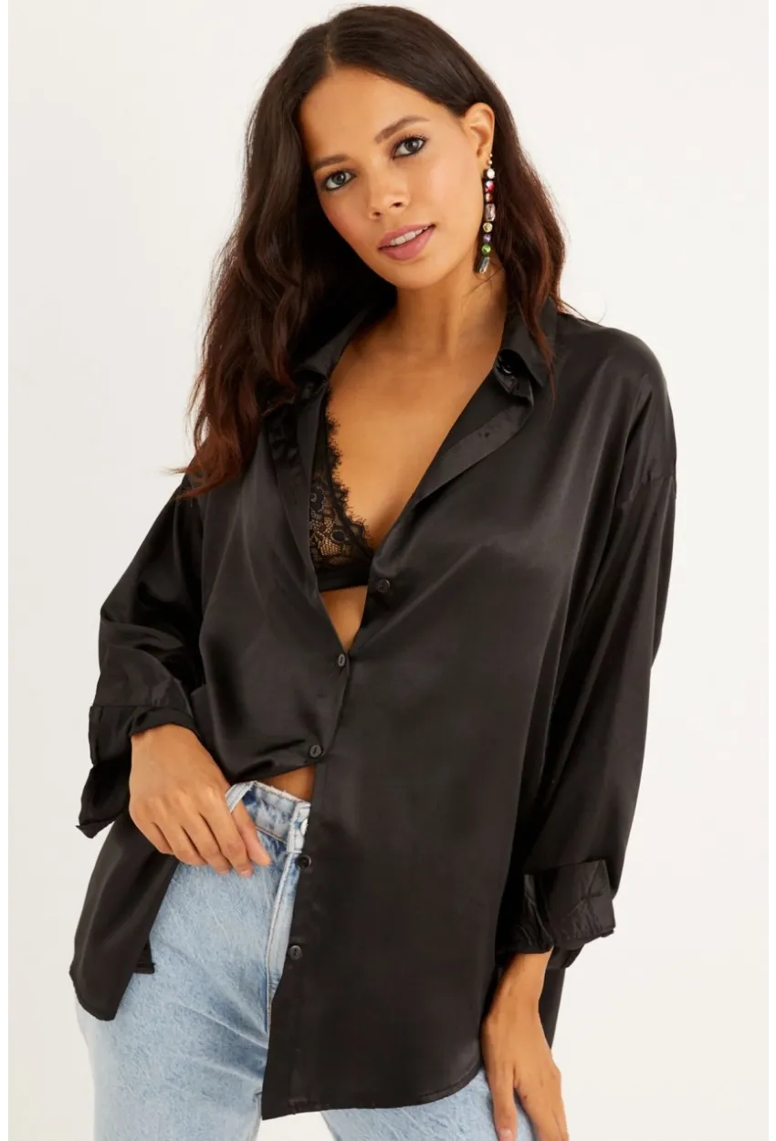 Kadın Siyah Saten Gömlek SF1285