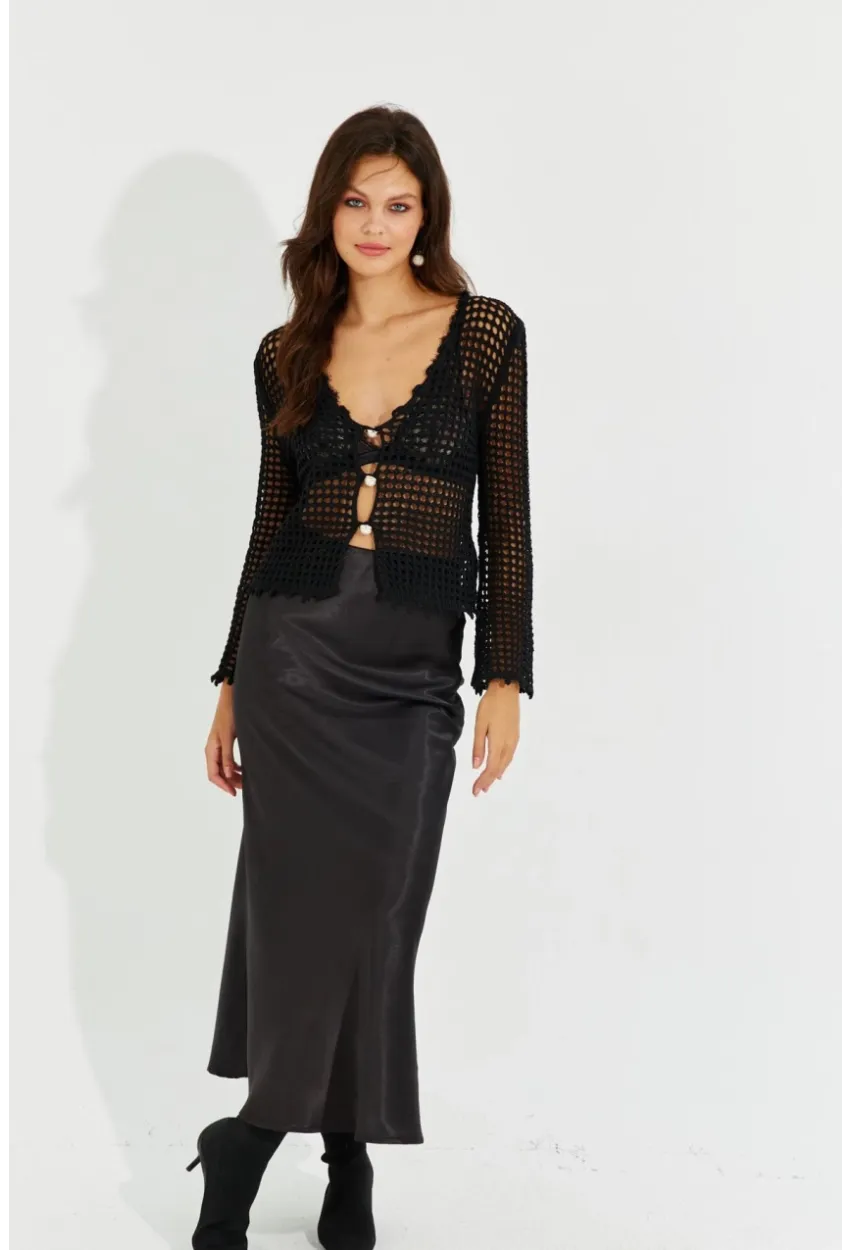 Kadın Siyah Saten Maxi Etek RMZ21077