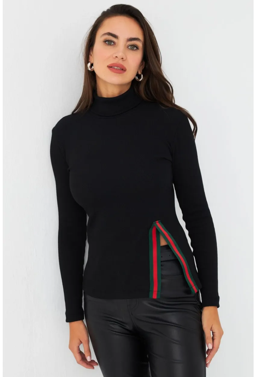 Kadın Siyah Şerit Detaylı Kaşkorse Balıkçı Bluz TF32