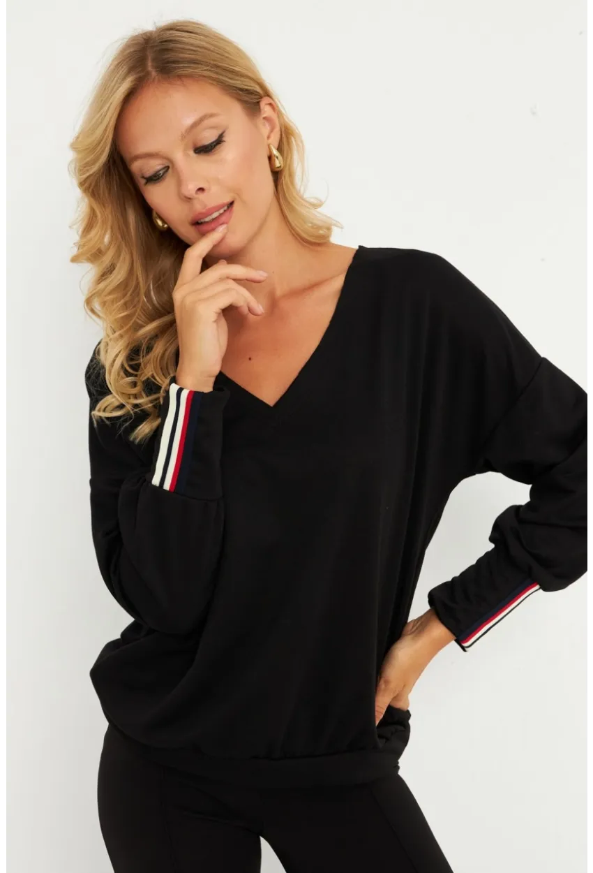 Kadın Siyah Şerit Detaylı V Yaka Sweatshirt  EY2905
