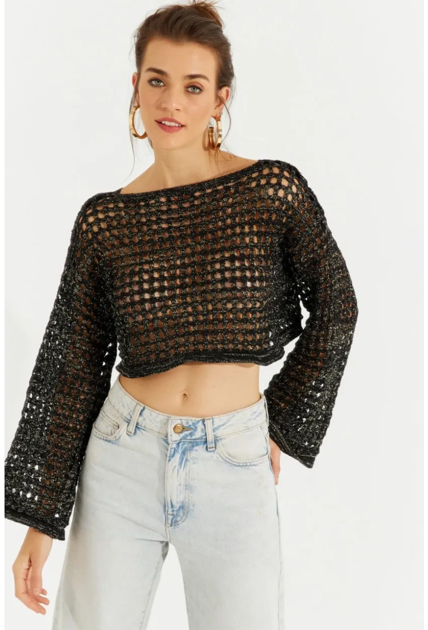 Kadın Siyah Simli Ajurlu Triko Kısa Bluz YV141