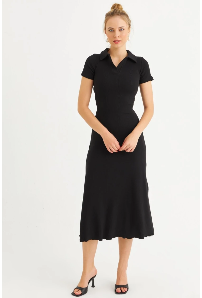 Kadın Siyah Sırt Bağlamalı Kaşkorse Midi Elbise MFRY0001