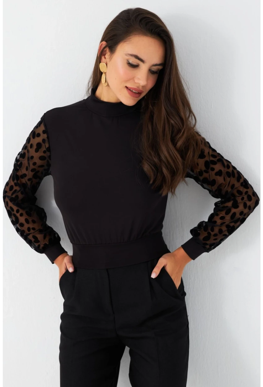 Kadın Siyah Sırt Bağlamalı Kolları Tül Bluz TF41