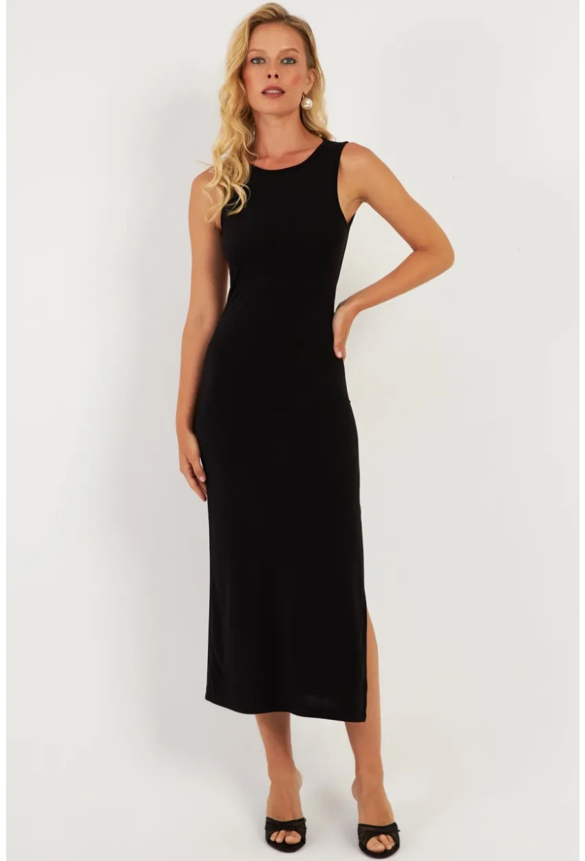 Kadın Siyah Sırt Dekolteli Midi Elbise DMR692