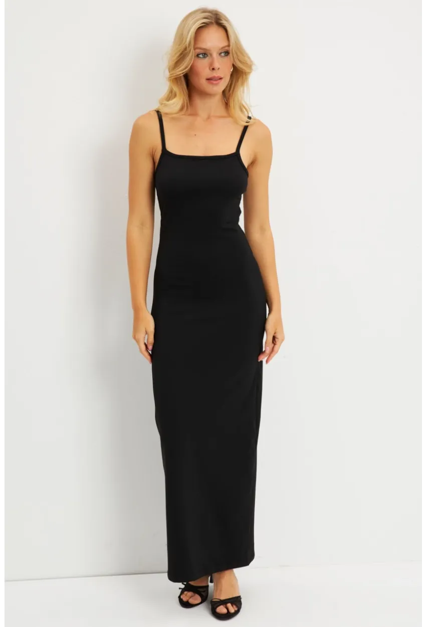 Kadın Siyah Sırt Dekolteli Midi Elbise EY2798