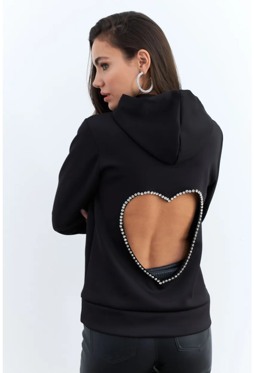 Kadın Siyah Sırt Dekolteli Taşlı Sweatshirt BTH15