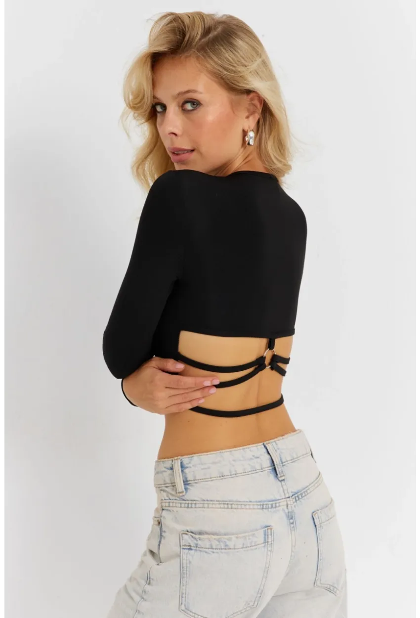 Kadın Siyah Sırt Detaylı Crop Bluz CG365