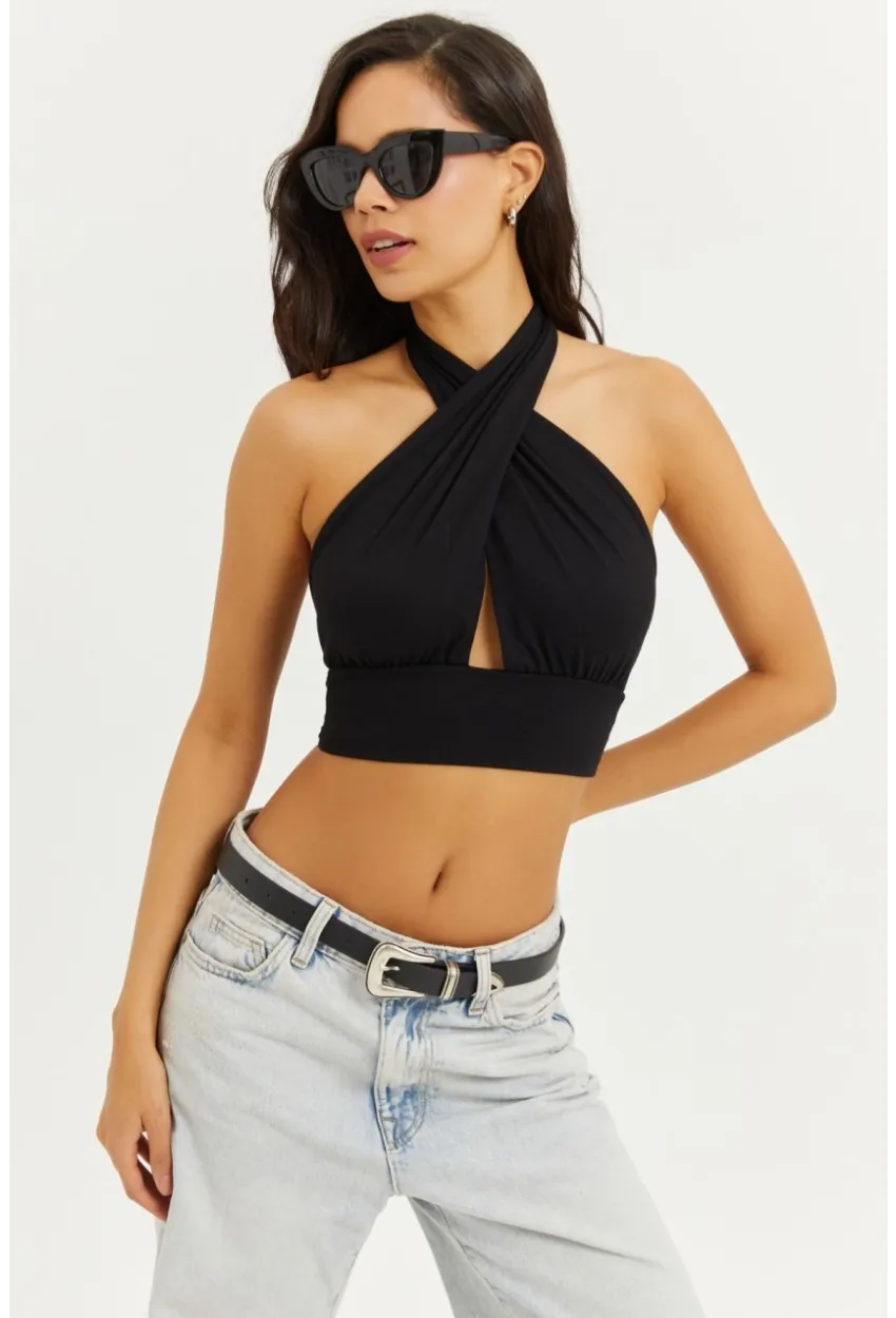 Kadın Siyah Sırt Ve Boyun Bağlamalı Bluz EY1472