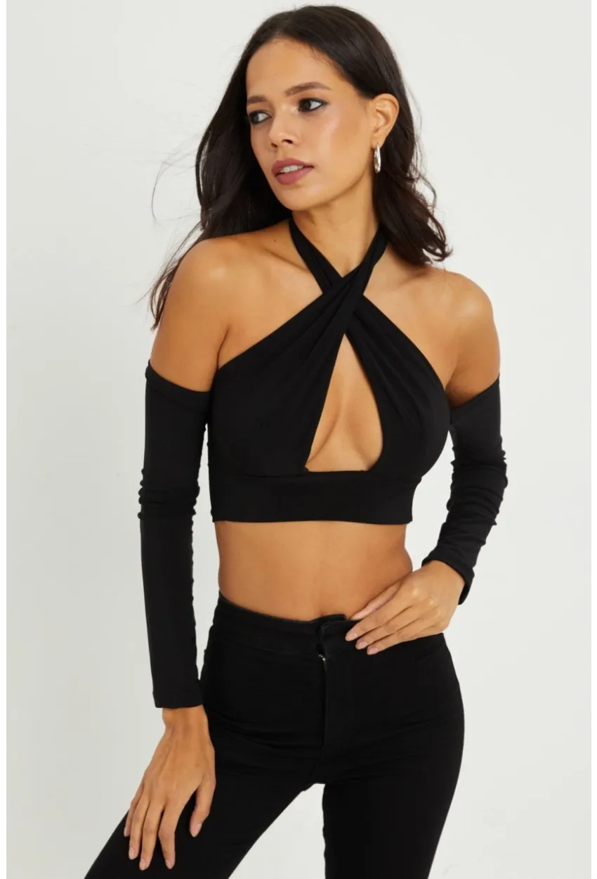Kadın Siyah Sırtı Açık Crop Bluz B1729
