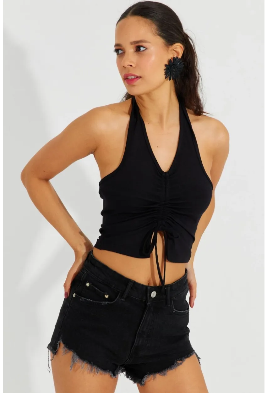 Kadın Siyah Sırtı Açık Crop Bluz B2697