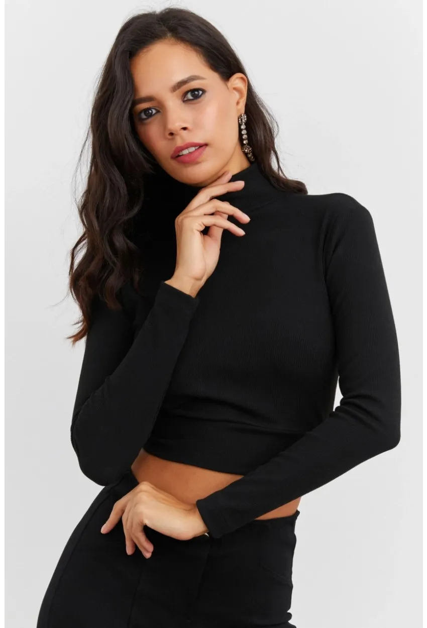 Kadın Siyah Sırtı Açık Crop Bluz EY1512