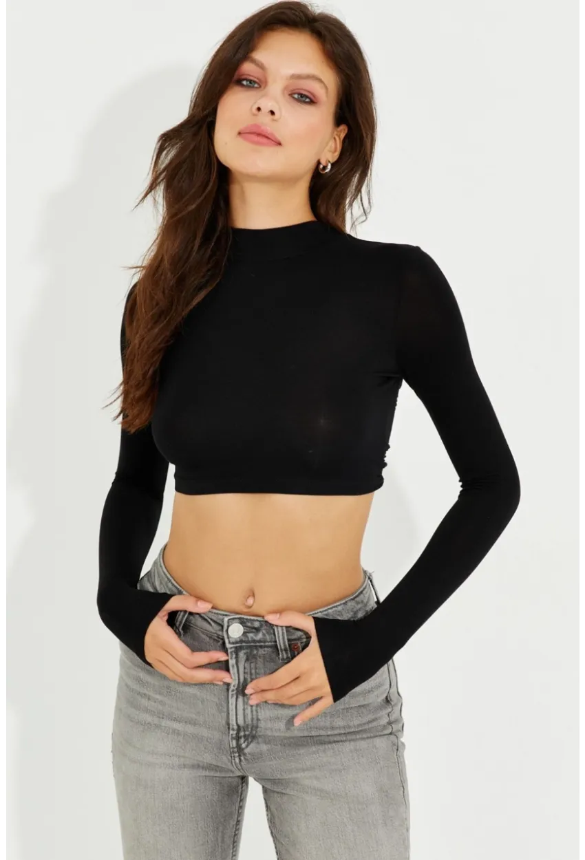 Kadın Siyah Sırtı Açık Crop Bluz LPP1232