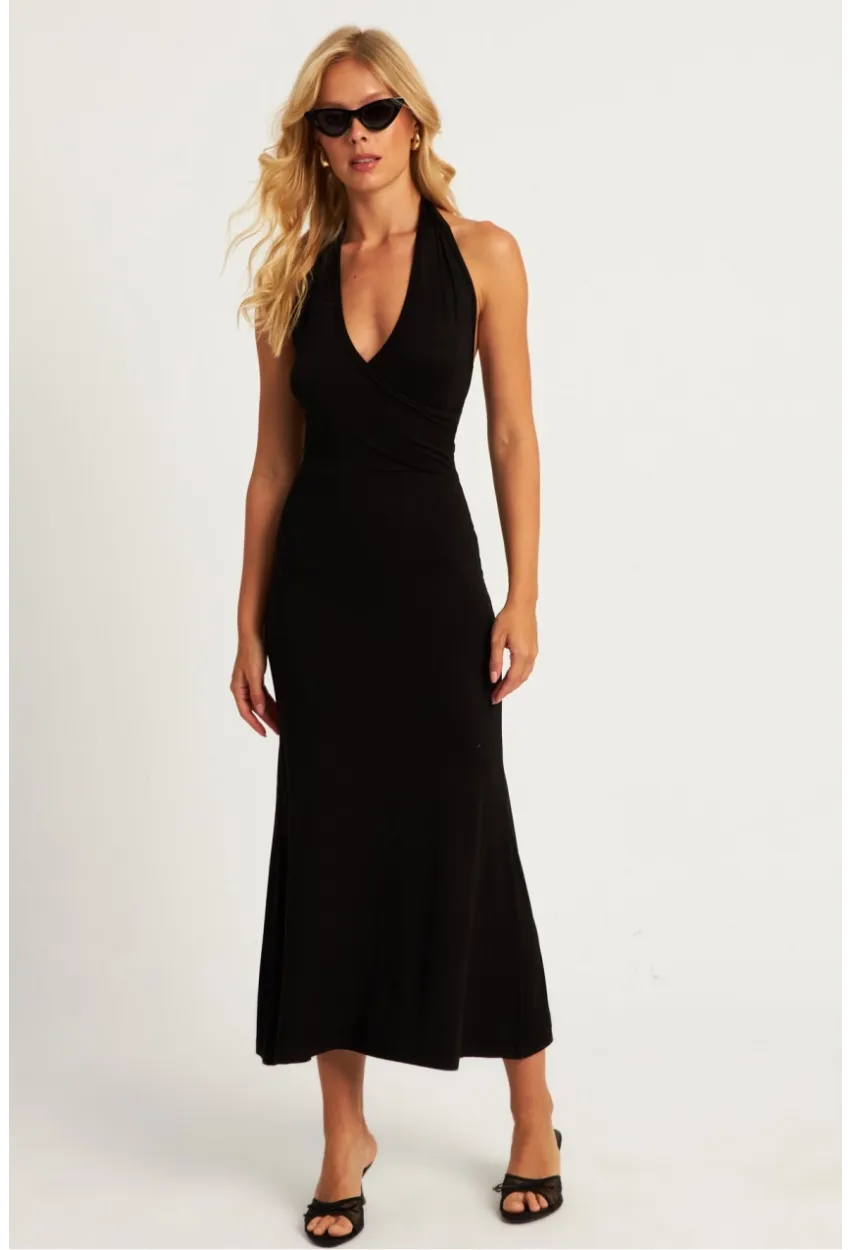 Kadın Siyah Sırtı Açık Kruvaze Midi Elbise EY2841