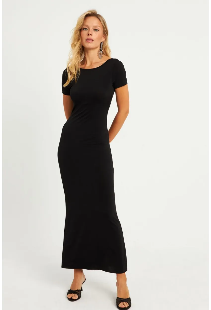 Kadın Siyah Sırtı Açık Maxi Elbise DMR306