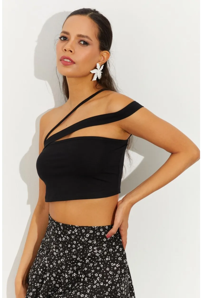 Kadın Siyah Sırtı Çapraz Crop Bluz B2550
