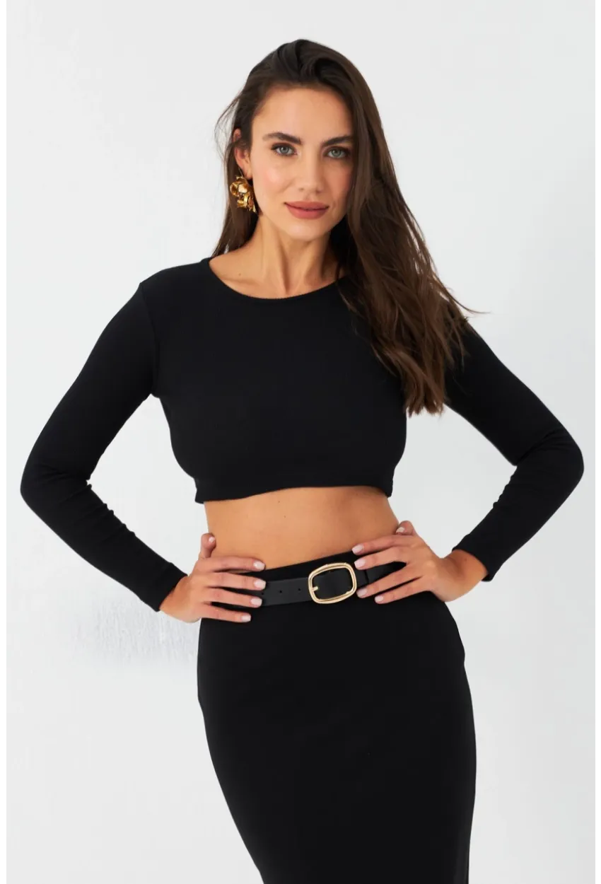 Kadın Siyah Sırtı Çapraz Kaşkorse Crop Bluz EY2975