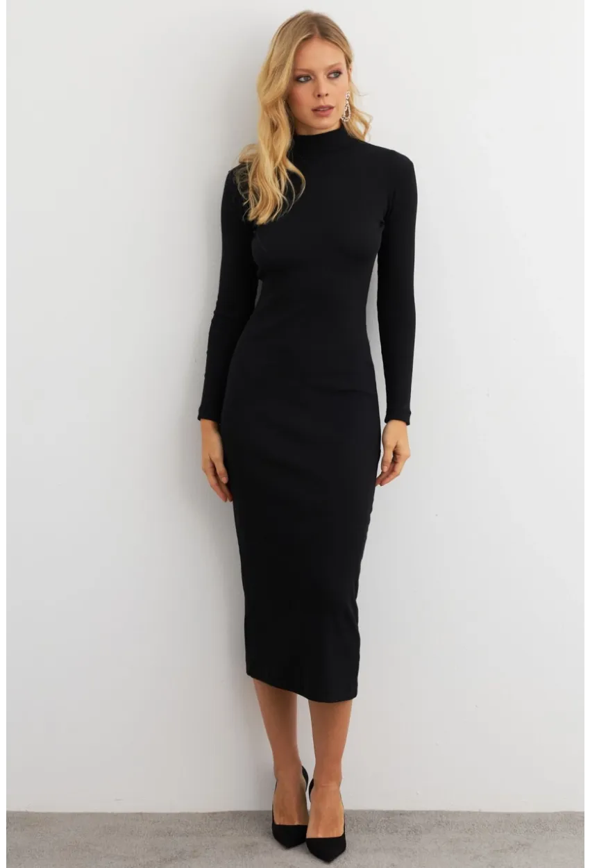 Kadın Siyah Sırtı Dekolteli Boğazlı Midi Elbise EY3012