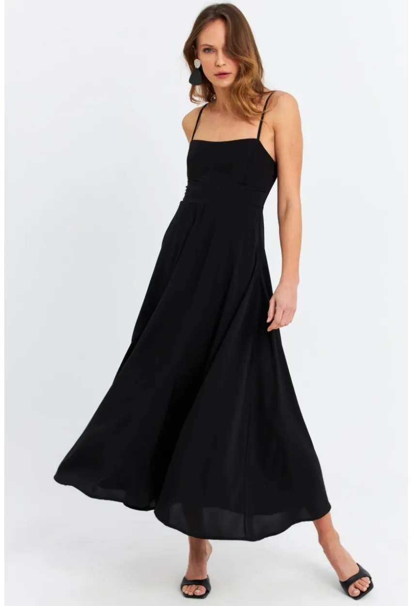 Kadın Siyah Sırtı Gipeli Astarlı Midi Elbise ERL10047