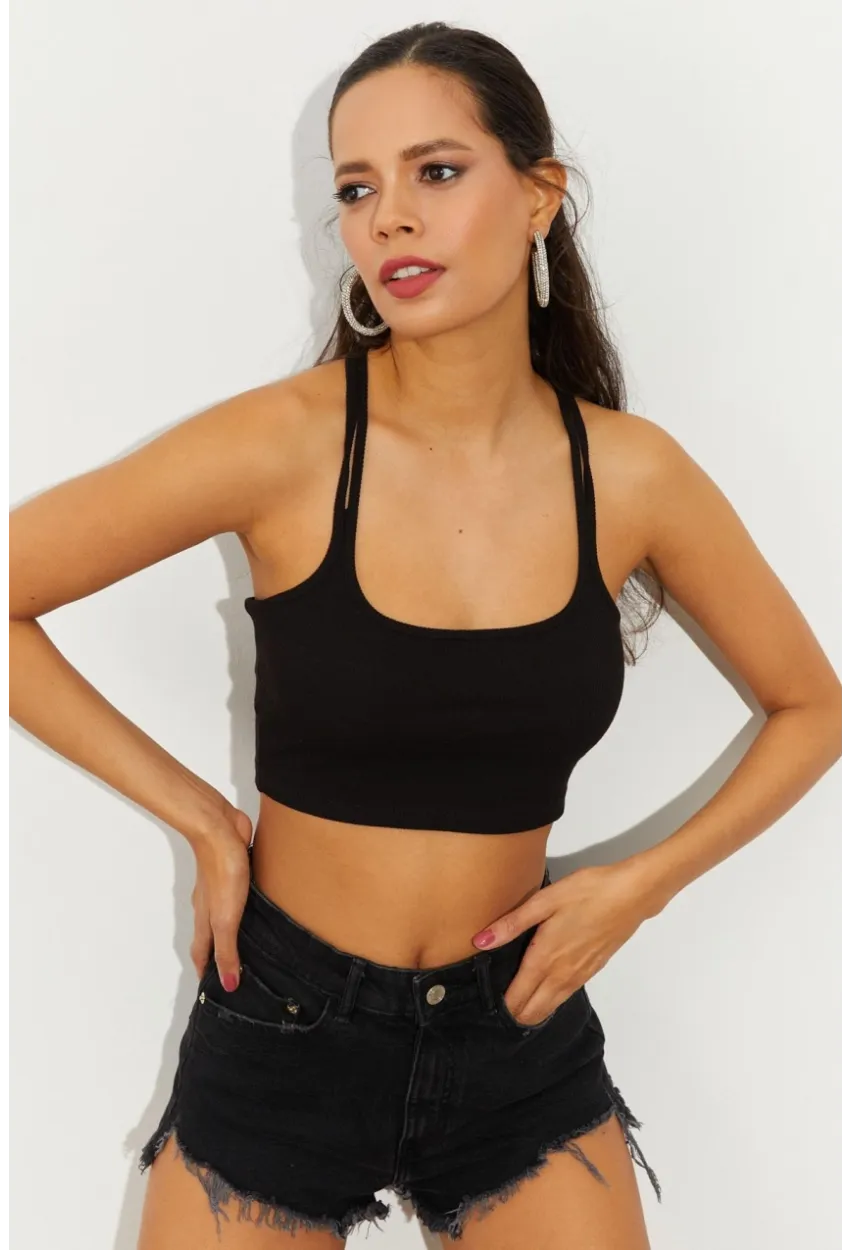 Kadın Siyah Sırtı Halkalı Kaşkorse Crop Bluz B2552