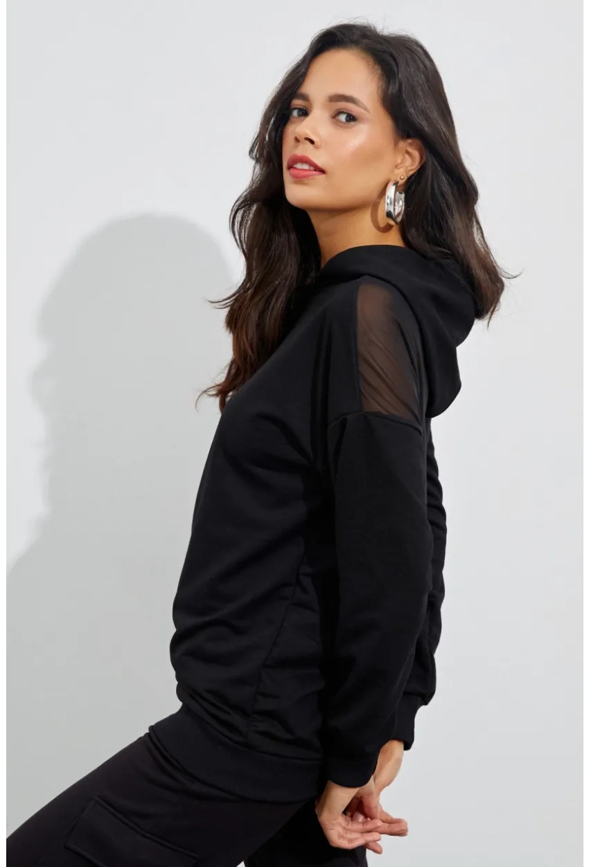 Kadın Siyah Sırtı Tül Kapüşonlu Sweatshirt EY1523