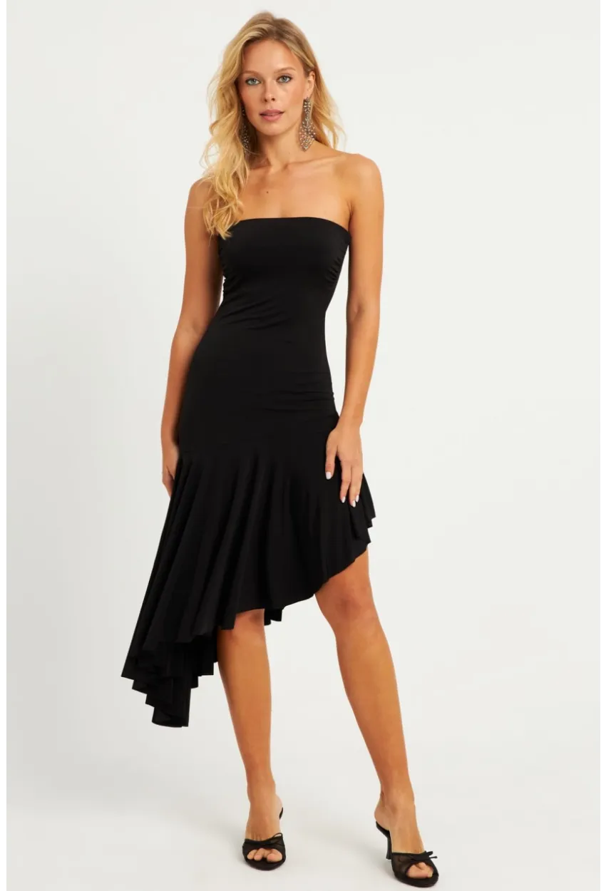 Kadın Siyah Straplez Asimetrik Midi Elbise DMR337