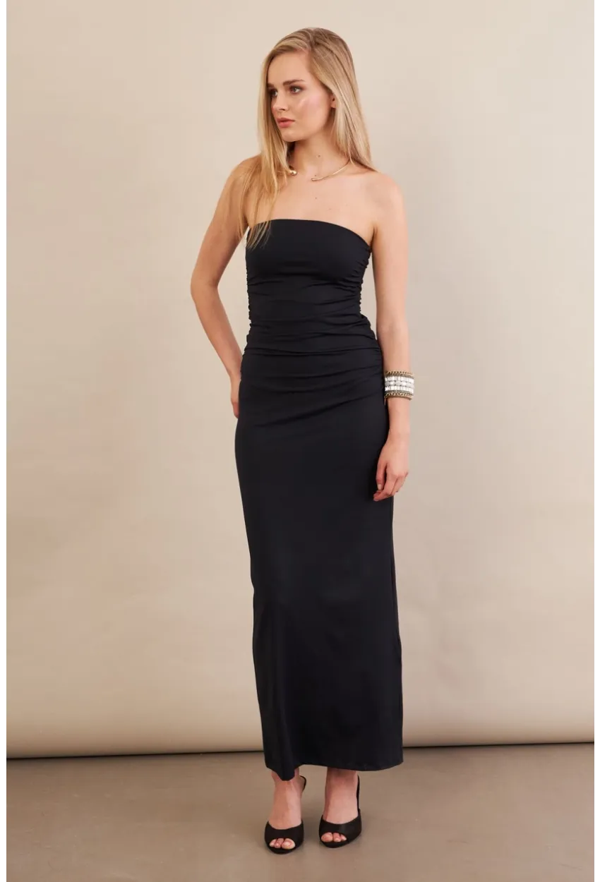 Kadın Siyah Straplez Büzgülü Midi Elbise MX2005