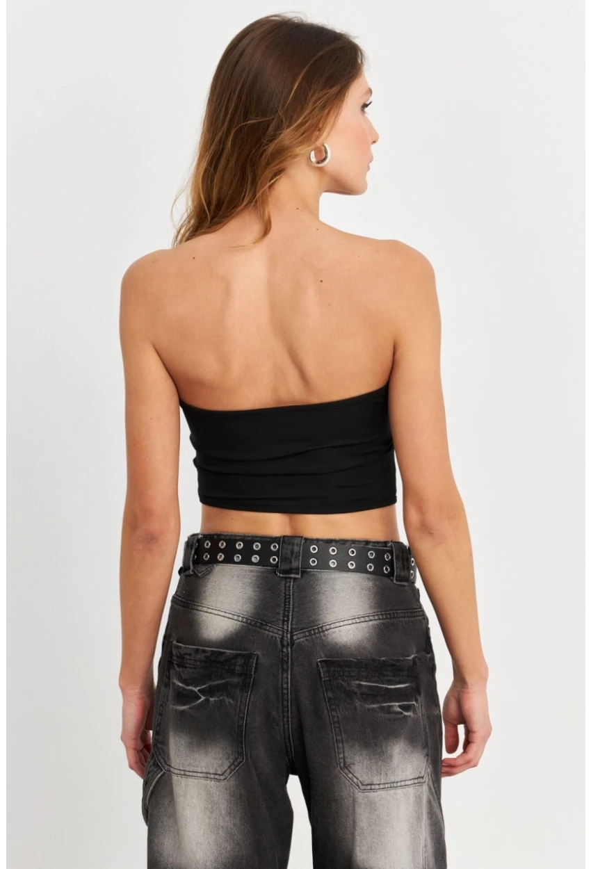 Kadın Siyah Straplez Crop Bluz B6081