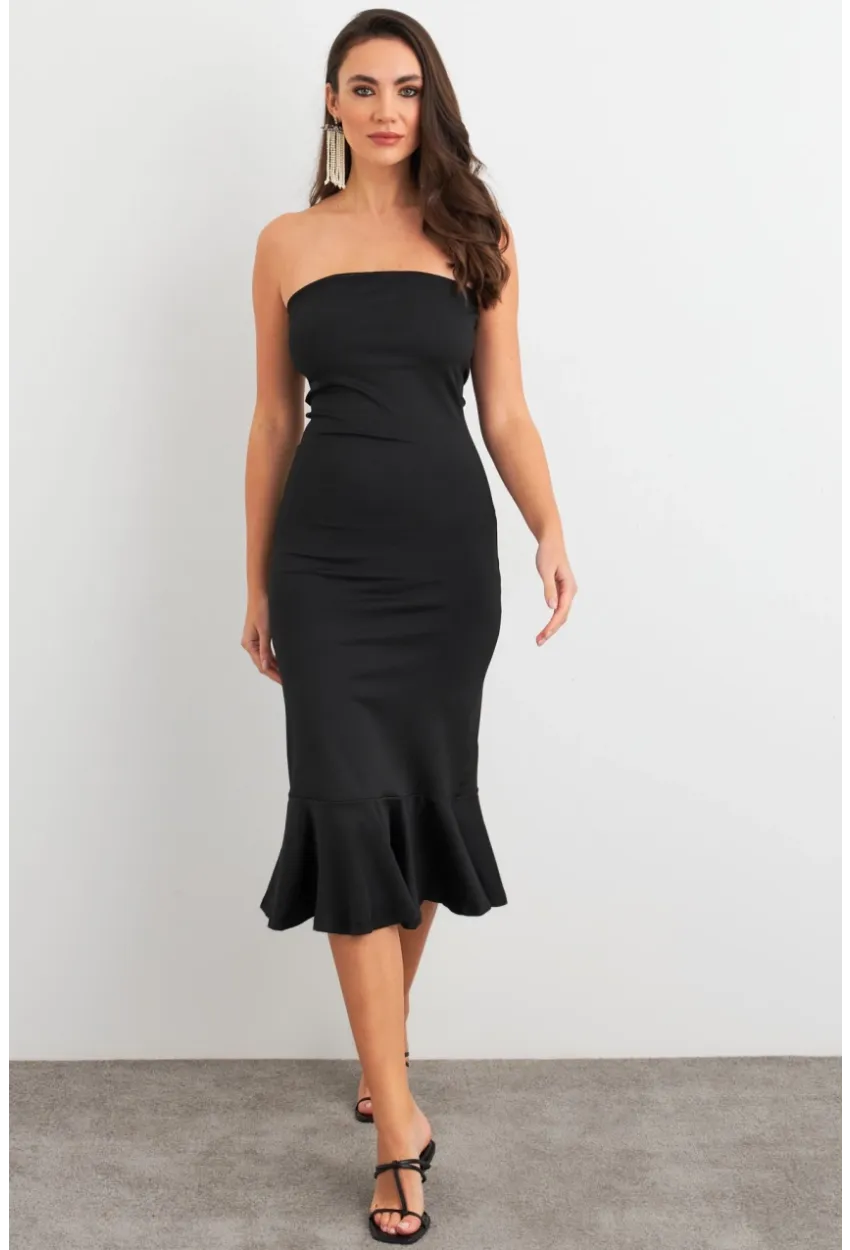 Kadın Siyah Straplez Midi Elbise XC8008