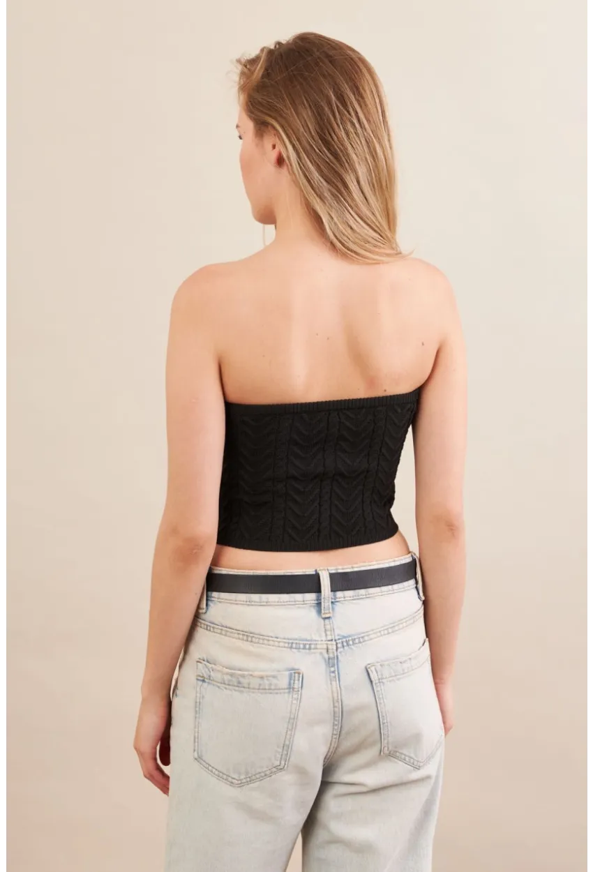 Kadın Siyah Straplez Triko Crop Bluz ZH049