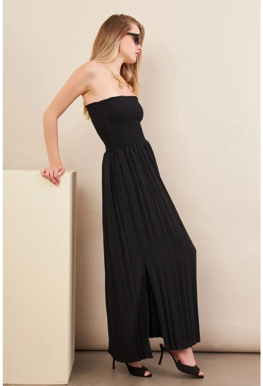 Kadın Siyah Straplez Yaka Midi Elbise MSİ100